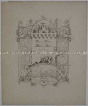 Verlobungsanzeige in ornamentalem Rahmenwerk mit Medaillons, Wappen und anderen Motiven