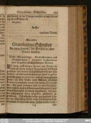 Ein ander Gratulation-Schreiben An einen Freund, der Priester in einer Stadt worden.