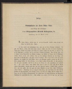 Beilage. Gedächtnisrede des Herrn Pastor Köpe am Sarge des verewigten Herrn Bürgermeisters Heinrich Kellinghusen, Dr.