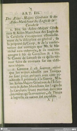 Art. III. Des Aides-Majors Généraux & des Aides-Maréchaux des Logis de la Cavalerie