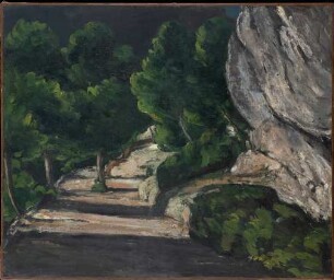 Landschaft. Straße mit Bäumen im Felsgebirge
