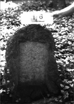 Grabstein 16 (Index: 100105625) Material: Muschelkalk Zustand: Schriftplatte fehlt Maße HxBxT: 86x57x28 cm Beschreibung: grob stelenhaft behauener Stein, teilweise rusticaartig, rechteckiges Schriftfeld eingetieft: Grabstein 16