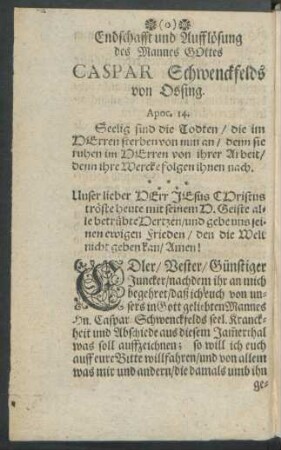 Endschafft und Aufflösung des Mannes Gottes Caspar Schwenckfelds von Ossing.