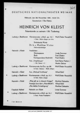 Heinrich von Kleist Feierstunde zu seinem 150. Todestag