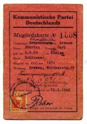 Mitgliedskarte KPD von Carl Dühring