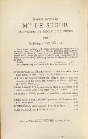 Mgr de Ségur : Souvenirs et récit d'un frère. Par Anatole de Ségur, 2