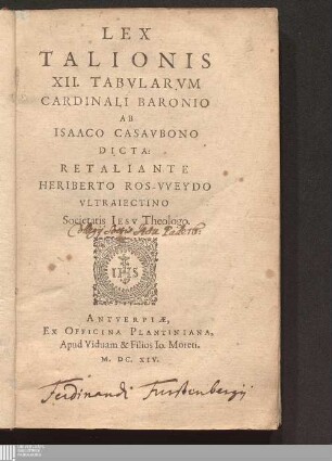 Lex Talionis XII. Tabvlarvm Cardinali Baronio Ab Isaaco Casavbono Dicta