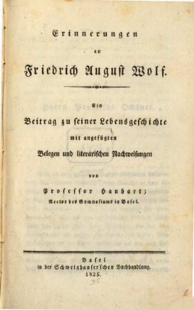 Erinnerungen an Friedrich August Wolf : ein Beitrag zu seiner Lebensgeschichte
