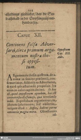 Caput XII. Continens falsa Adversarii, circa primum argumentum nostra thesi oppositum