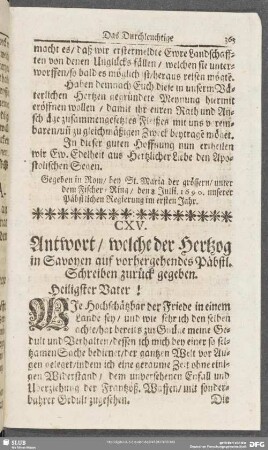 CXV. Antwort, welcher der Hertzog in Savoyen auf vorhergehendes Päbstl. Schreiben zurück gegeben