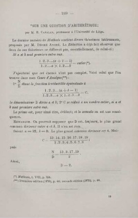 SUR UNE QUESTIONS D'ARITHMÉTIQUE.