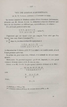 SUR UNE QUESTIONS D'ARITHMÉTIQUE.