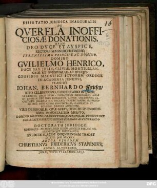 Disputatio Juridica Inauguralis De Qverela Inofficiosæ Donationis