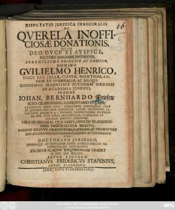 Disputatio Juridica Inauguralis De Qverela Inofficiosæ Donationis