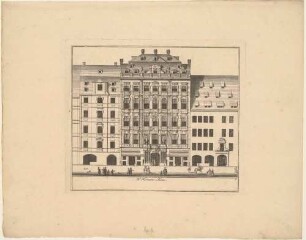 Das Barockpalais H. Homans Haus in der Petersstraße 15 in Leipzig, Straßenfassade mit Staffage, Blatt 5 aus einer Reihe Leipziger Wohnhäuser und Palais’
