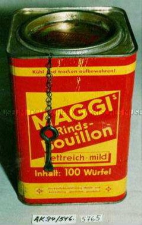 Blechdose mit Öffner am Kettchen für "MAGGI'S Rinds-Bouillon fettreich . mild Inhalt: 100 Würfel"