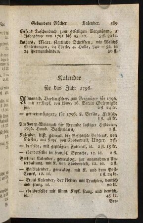 589-592, Kalender für das Jahr 1796. - Nachricht.