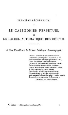 Première Rècréation. Le calendrier perpètuel et le calcul automatique es résidus.