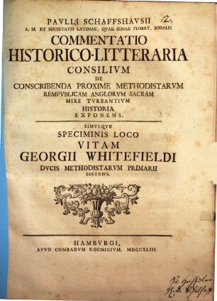 Commentatio historico-litteraria consilium de conscribenda proxime Methodistarum, rem publicam Anglorum sacram mire turbantium historia exponens