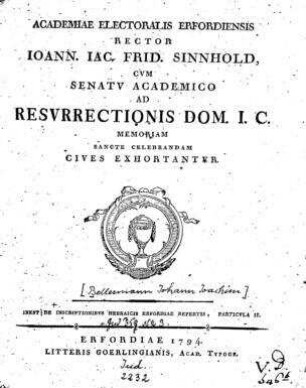 In: De inscriptionibus Hebraicis Erfordiae repertis ; Band 2