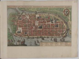 Stadtplan von Rostock in der Vogelschau von Norden aus gesehen, kolorierter Kupferstich, 1625