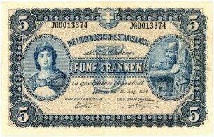 Geldschein, 5 Franken (CHF), 10.8.1914