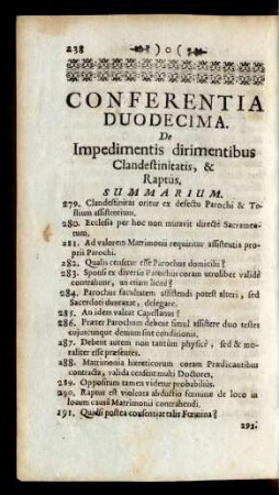 Conferentia Duodecima. De Impedimentis dirimentibus Clandestinitatis, & Raptus