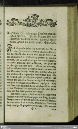 Allgemeine Betrachtungen über den menschlichen Körper. Vertheidigung der vorzüglichen Vollkommenheit seines Körperbaues gegen die vornehmsten Einwürfe