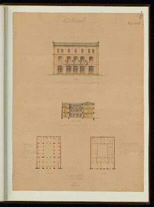 Kauflokal Monatskonkurrenz Mai 1851: Grundriss Erdgeschoss (= 1. Obergeschoss), 2. Obergeschoss; Aufriss Straßenseite, Längsschnitt; 2 Maßstabsleisten