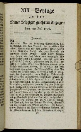 XIII. Beylage zu den Leipziger gelehrten Anzeigen - Zum 1sten Jul. 1796.