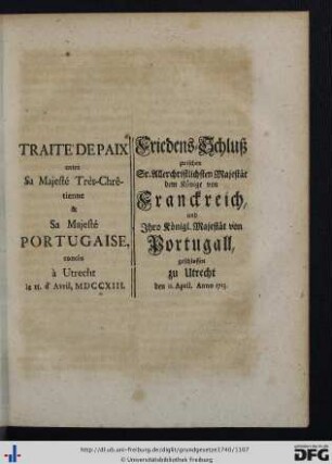 XIV. Friedens-Schluß zwischen ... Franckreich und ... Portugall.