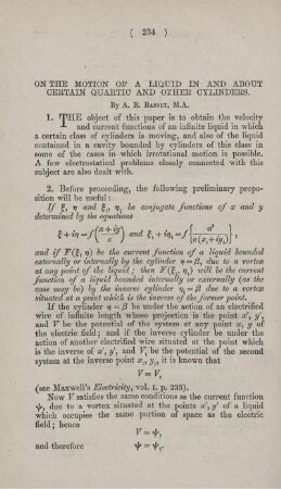 On the motion of a liquid in and about certain quadric and other cylinders.