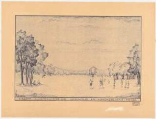 Erweiterungsplanung Volkspark Jungfernheide (Nordostteil), Berlin-Wedding: Perspektivische Ansicht mit Blick über die Spielwiese am Hohenzollernkanal, Stempel