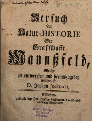 Versuch Zur Natur-Historie Der Grafschafft Mannßfeld