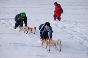 Kinder rodeln im Harz : Kinder spielen im Tiefschnee, Unterharzgebiet, bei Friedrichsbrunn. Kein Bildrecht-Probleme: Familie des Autoren