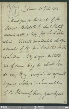 Eigenh. Brief von James Mackintosh an August Wilhelm von Schlegel, London, 20.07.1823