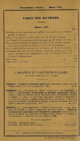 Table des matières. Mars 1886.