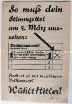 Wahlwerbezettel der NSDAP zur Reichstagswahl 1933 im Wahlkreis Leipzig
