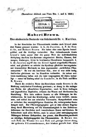 Robert Brown : Eine akademische Denkrede. (Besonder Abdruck aus Flora No 1 u. 2. 1859)
