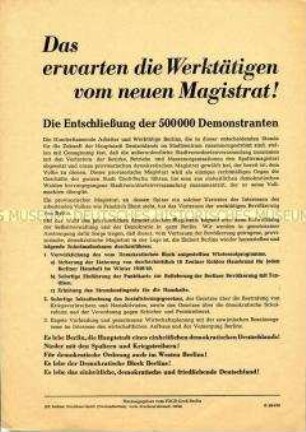 Propagandaflugblatt des FDGB zur Bildung des neuen Magistrats in Ostberlin