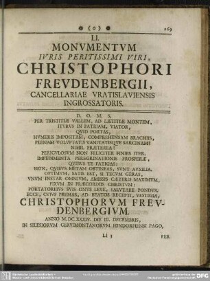 LI. Monumentum Iuris Peritissimi Viri, Christophori Freudenbergii, Cancellariae Vratislaviensis Ingrossatoris