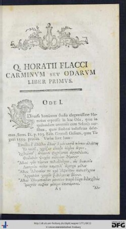 Q. Horatii Flacci Carminum Seu Odarum Liber Primus.