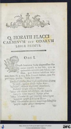 Q. Horatii Flacci Carminum Seu Odarum Liber Primus.