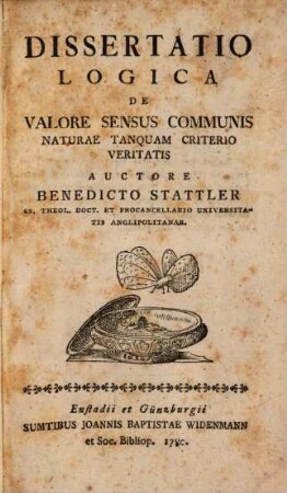 Dissertatio Logica De Valore Sensus Communis Naturae Tanquam Criterio Veritatis