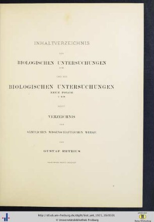 Inhaltsverzeichnis der Biologischen Untersuchungen I–II und der Biologischen Untersuchungen N. F. I–XIX