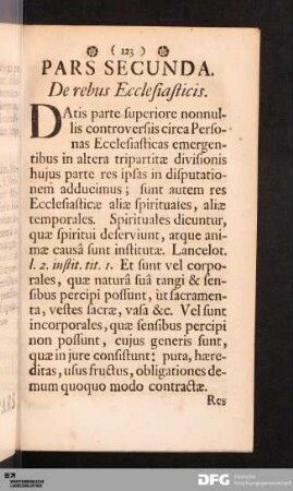 PARS SECUNDA. De rebus Ecclesiasticis.