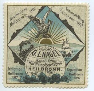 Reklamemarke der Pianofabrik G.L. Nagel zur Kunst-, Industrie- und Gewerbeausstellung in Heilbronn