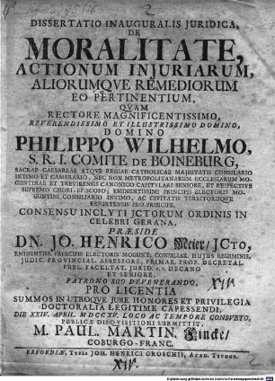 Dissertatio Inauguralis Juridica, De Moralitate, Actionum Injuriarum, Aliorumqve Remediorum Eo Perinentium
