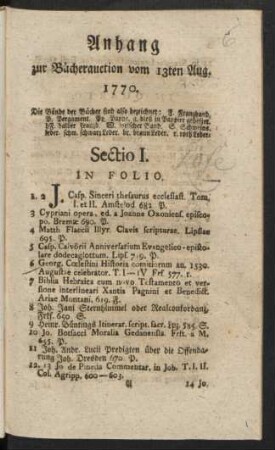 Anhang zur Bücherauction vom 13ten Aug. 1770.