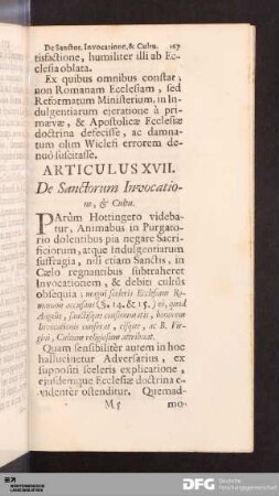 Articulus XVII. De Sanctorum Invocatione, & Cultu.